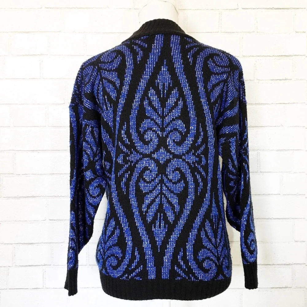 Vintage 80s 70s Blue Sparkle Glitter Patterned Mock Neck Sweater Top